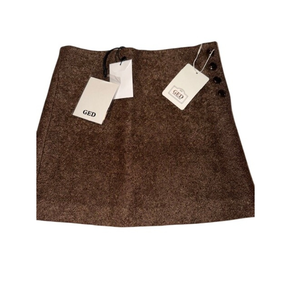 GED Jours Ordinaires Brown Wool Blend Side Button A-Line Mini Skirt Size 1 NEW